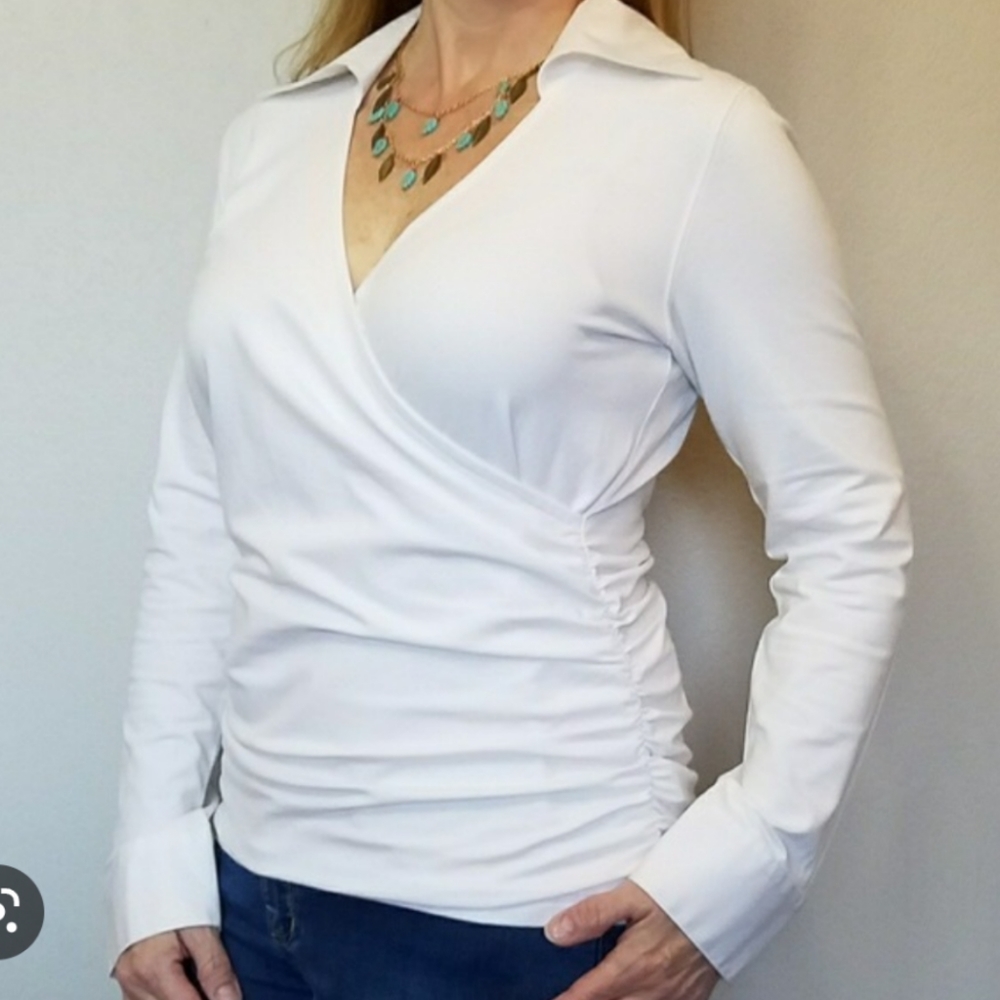 CAbi #669 V neck Faux Wrap Long Sleeve w/ collar size XS